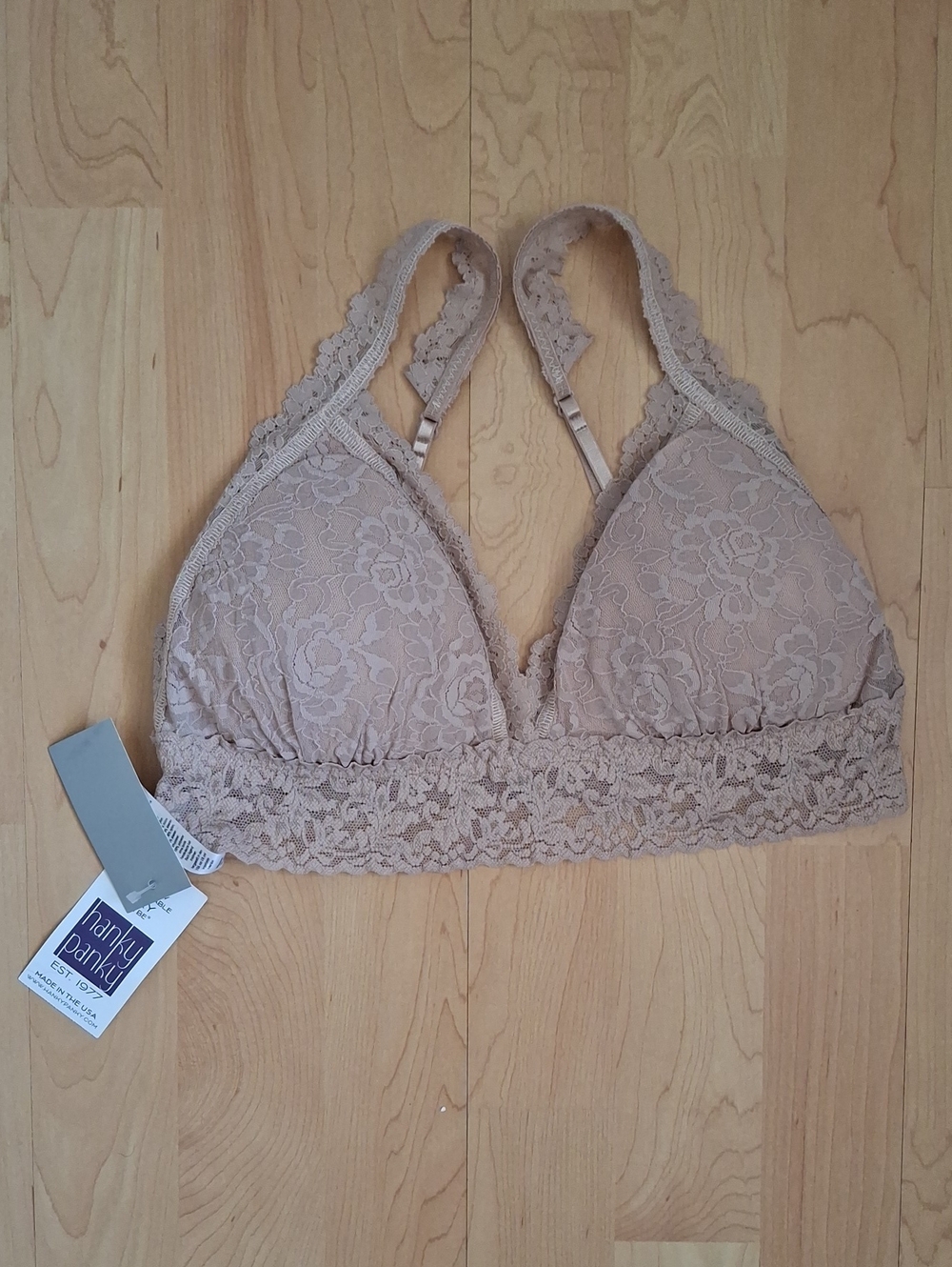 NWT Hanky Panky Beige Floral Lace Padded Crossover Bralette in Chai Size L